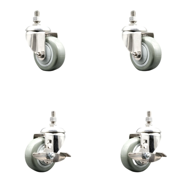 Service Caster 3 Inch 316SS Gray Polyurethane Swivel 1/2 Inch Threaded Stem Caster Brakes, 2PK SCC-SS316TS20S314-PPUB-121315-2-TLB2 - main